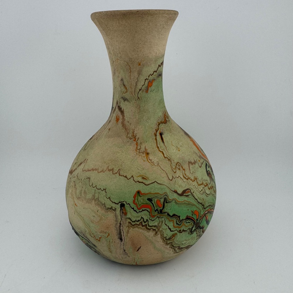 Nemadji Marbled Pottery Vase Small Green Orange Excellent Swirled Clay Art